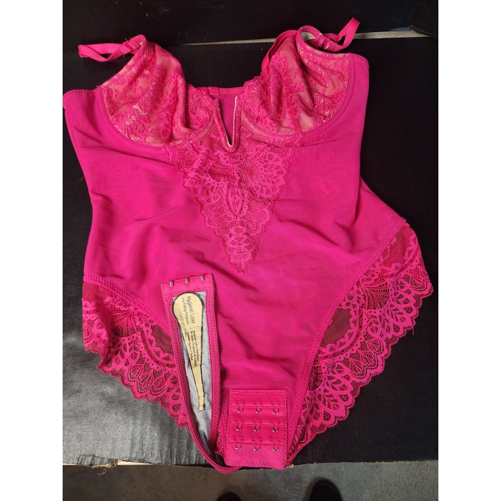 Popilush Hot Pink Lace Bodysuit Shapewear V-Neck Adjustable Straps Size L